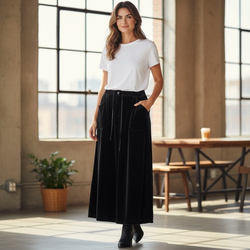 VTG 90s Eddie Bauer Women’s Silk Blend Velvet Maxi Skirt Black SZ 12 Pockets - Picture 11 of 11